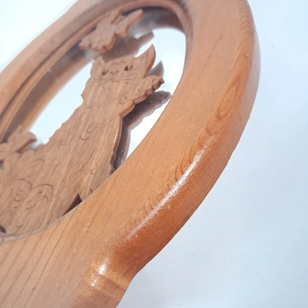 Vintage Wood cat wall mirror oval butterfly flower kitty kitten cottagecore cute